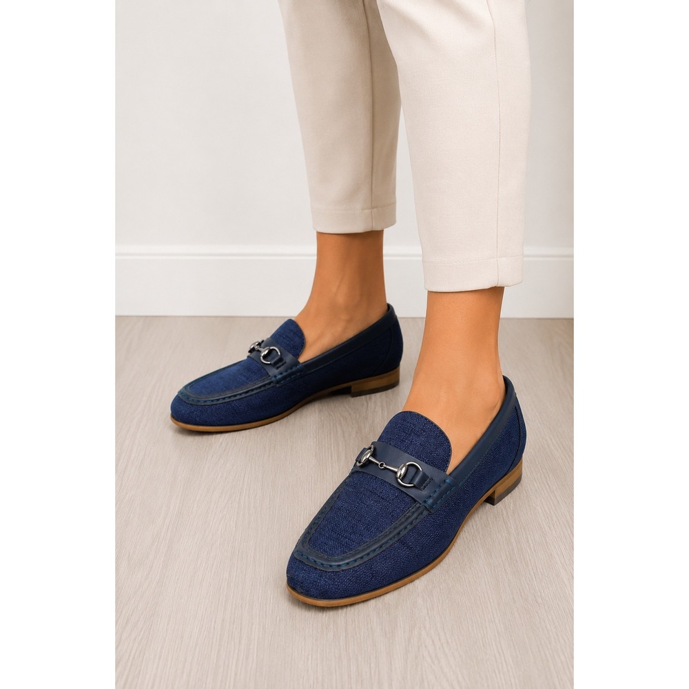 La Milano Mens Navy Blue Bit Loafers Woven Fabric Leather Trim Shoes Size 7.5